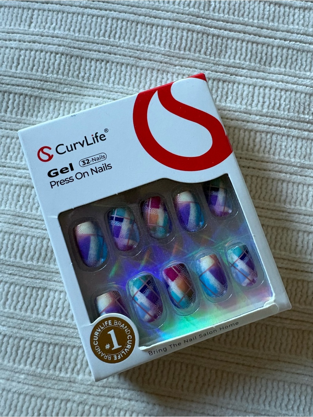 Curvlife Purple Multicolor Gel Press-On Nails - 32 Pack Rainbow Tartan